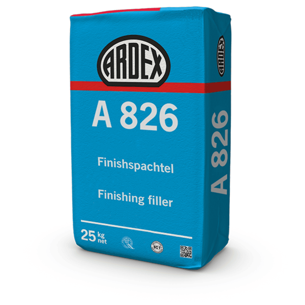 ARDEX A 826 gipsz-műanyag bázisú fal- és födémfelületek simításához, töltéséhez, nem éghető, DIN 1168 és EN 13501 szabványú.